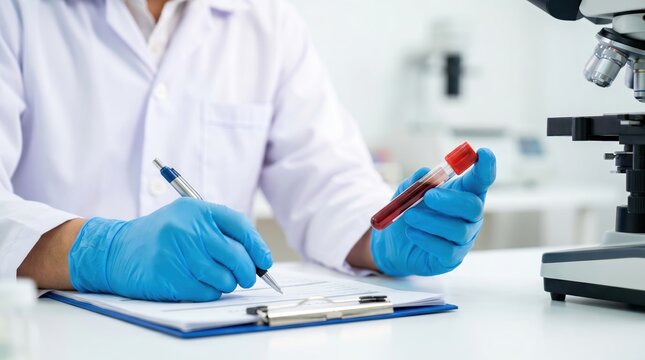 A scientist holds a blood sample in one hand while writing notes on a clipboard with the other hand. The setting is a laboratory with scientific equipment