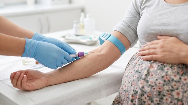 A pregnant woman sits in a clinic while a healthcare worker takes blood from her arm for testing. The atmosphere shows care for health during pregnancy