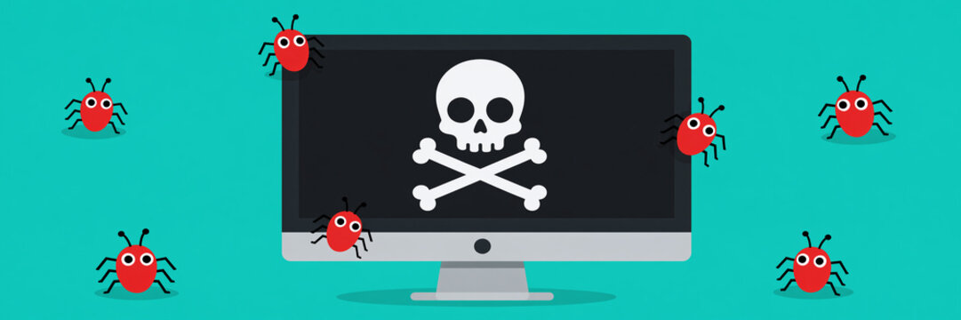 Illustration of computer virus infection with bugs and skull symbol