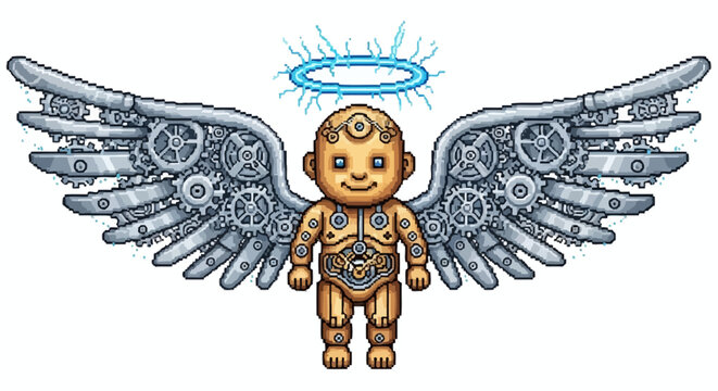 Steampunk Baby Angel with Mechanical Wings and Halo.