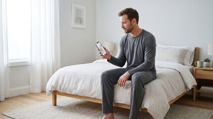 Fototapeta premium Man reviewing sleep quality app after waking in bright bedroom