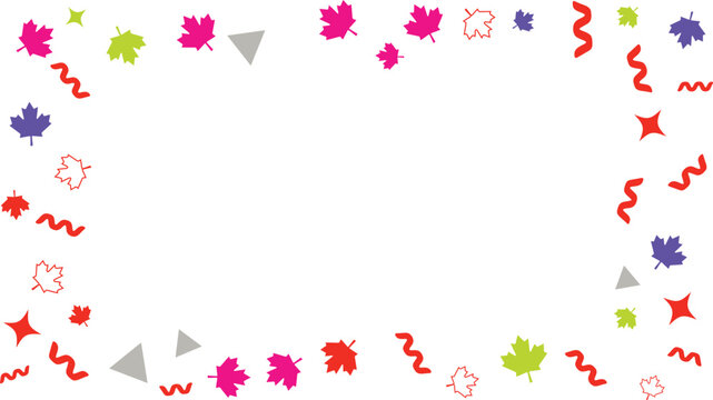 Festive border frame featuring colorful maple leaves, red wavy ribbons, grey triangles, and star shapes scattered on a plain white background, for celebration and, seasonal event themes