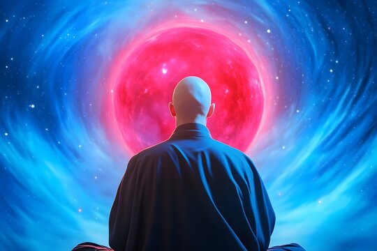 A meditative image with a central, back view of a bald figure in a dark, flowing robe, the figure seated with a vibrant red light glowing from beneath the rober