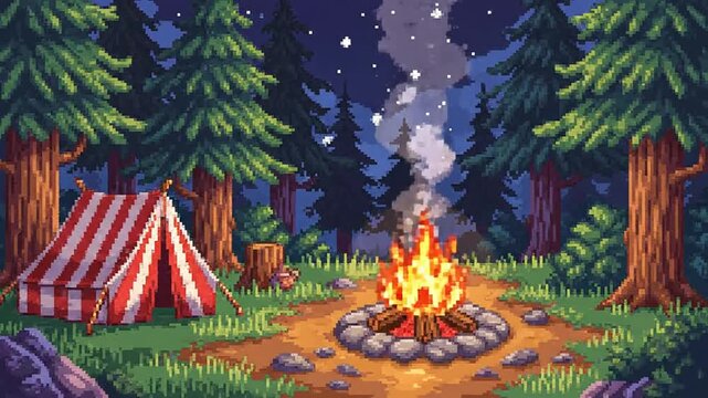 Cozy pixel art campsite with campfire and tent at night, forest background