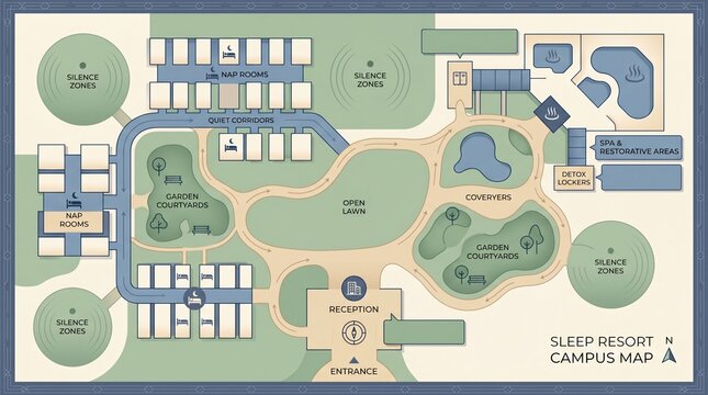 Sleep resort map with nap rooms silence zones spa areas detox lockers