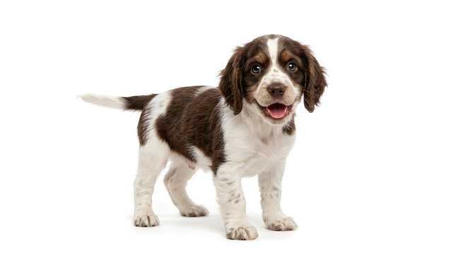 Cute Brown And White Springer Spaniel Puppy Standing On White Background