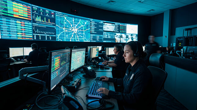 Cyber Security Operations Center with Analysts Monitoring Data on Large Screens