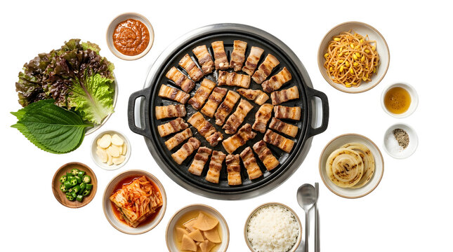 Isolated Korean grilled pork belly samgyeopsal on hot plate with side dishes kimchi garlic lettuce and rice platter overhead