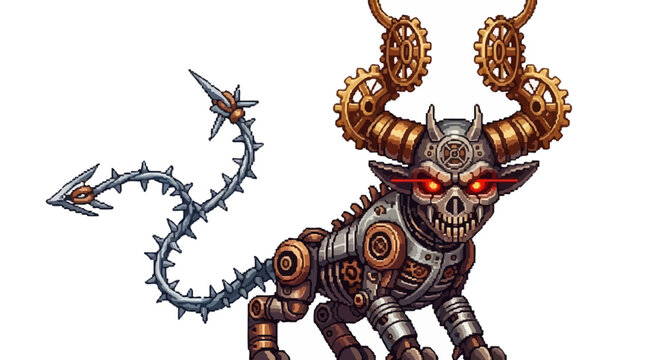 Steampunk Mechanical Monster Creature with Horns and Spikes.