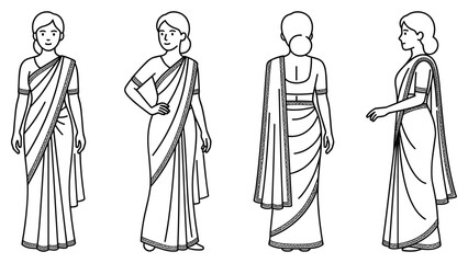 Obraz premium Outline drawing of an indian woman wearing a traditional sari from different perspectives.
