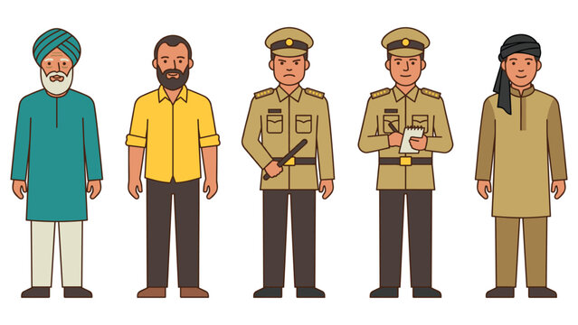 Indian men characters wearing traditional and police uniform flat vector cartoon illustration.