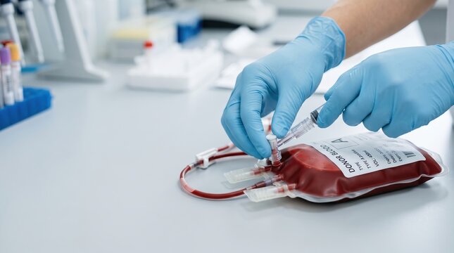 A health worker in a laboratory prepares a blood bag filled with red liquid. Gloves are worn while handling tubes and syringes. The setting shows equipment and supplies used in blood processing