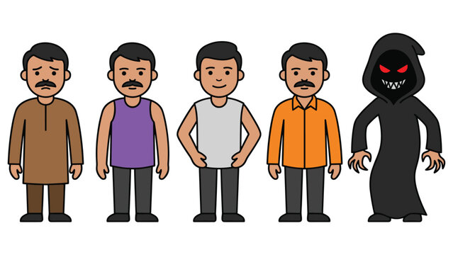 Group of indian men in various attire and a grim reaper character set.