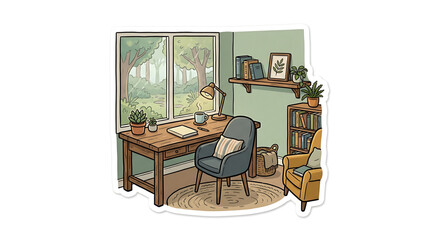 Obraz premium Cozy home office interior with desk, chair, and bookshelf overlooking a forest view