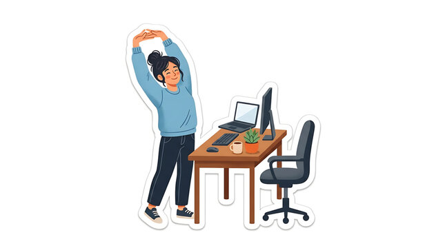 Young woman stretching at her desk after working on a laptop