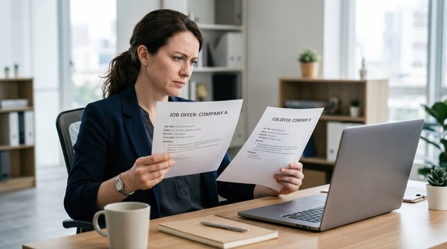Office applicant comparing job offer versions for recruitment fraud awareness