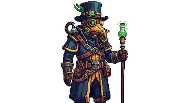Steampunk plague doctor character illustration.