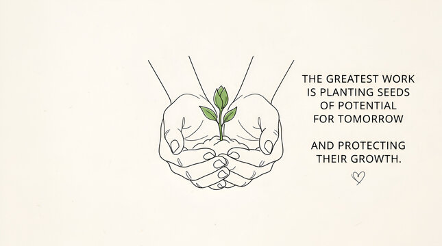 Line art illustration of cupped hands holding a small green plant sprout with inspirational text about planting seeds of potential for tomorrow