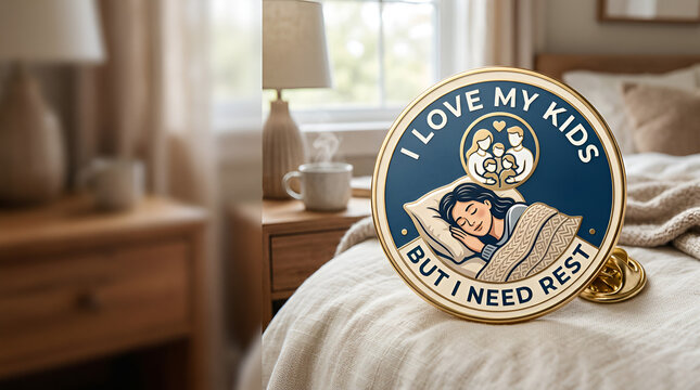 Round metal lapel pin with an illustration of a sleeping woman and family icon featuring the text I Love My Kids But I Need Rest on a bed
