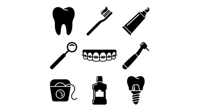 A detailed silhouette vector icon set of 9 dental care icons including tooth, toothbrush, toothpaste, dental mirror, braces, dental drill, floss, mouthwash bottle, and tooth implant, symmetrical comp