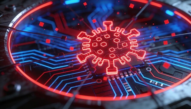 Cyber virus concept &mdash; glowing red microchip virus icon against cybernetic circuit traces, dispersing red square particles, tethered lines to remote systems, steel-like foreground rimmed in red, active
