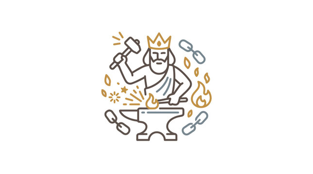 Blacksmith god forging iron on anvil with fire.