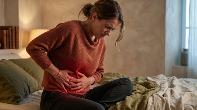 A young woman in distress, sitting on her bed and clutching her stomach, experiencing severe abdominal pain or cramps in a dimly lit bedroom.