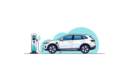 Fototapeta premium White electric SUV charging at power station vector illustration. Minimalist concept for sustainable energy and future mobility.