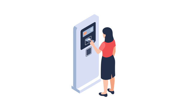 Isometric Illustration of a Woman Using a Self-Service Kiosk Terminal with a Credit Card