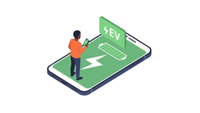 Isometric EV Charging Mobile App Illustration with Man Monitoring Battery Level