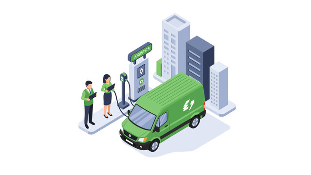 Isometric Electric Delivery Van Charging at Green Logistics Station