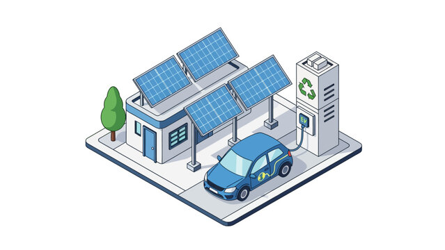 Isometric illustration of an electric car charging at a solar-powered station.