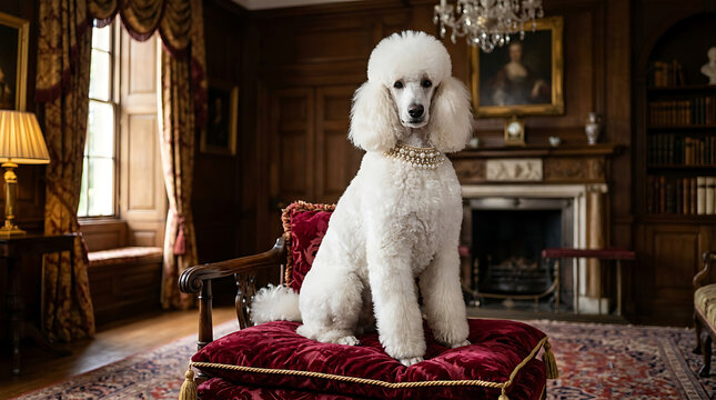 Elegant White Poodle Adorned with Pearls Sits Majestically on a Velvet Cushion Indoors