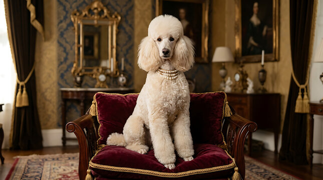 Elegant white poodle adorned with pearls sits regally on a plush velvet cushion in an ornate room