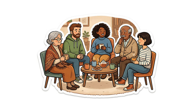 A diverse group of friends and family sitting together in a cozy living room, enjoying tea and cookies, illustration style