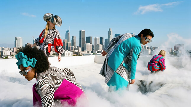Fashion models showcase bright styles on a rooftop in Los Angeles while fog surrounds them and city skyline is visible in the background