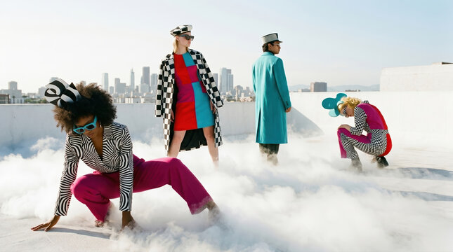 Fashion models showcase vibrant outfits on a rooftop in a city with a skyline in the background during a sunny day