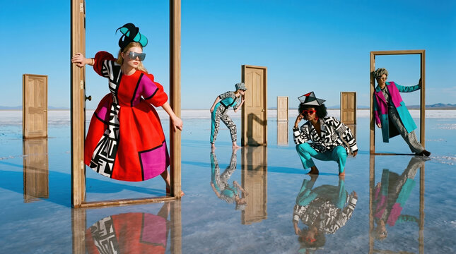 Four diverse women pose in colorful outfits with doors on a salt flat under a clear blue sky during daylight