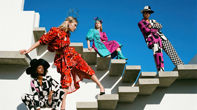 Fashion models showcase vibrant styles on stairs in a modern setting with bold colors and geometric patterns in bright sunlight