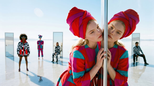 Fashion show featuring diverse models and colorful designs at a modern location under bright sunlight