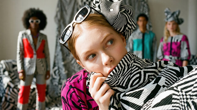 Fashion show with diverse models showcasing black and white patterns and colorful designs in a studio setting during daylight hours