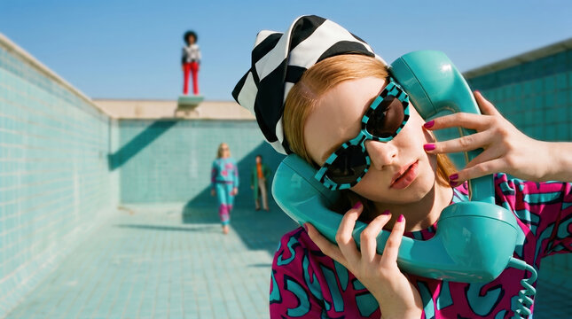 Bright colors and retro fashion showcase stylish youth in an empty pool setting under a clear sky with friends at play