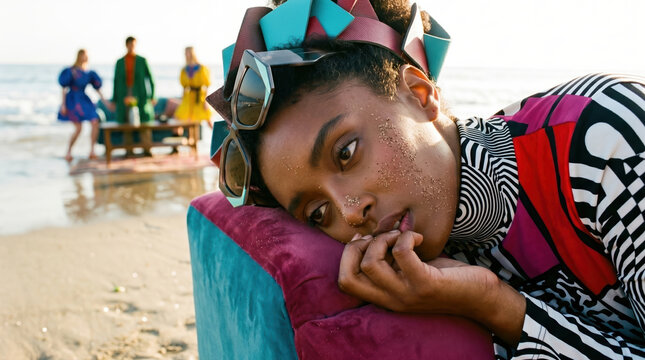 Fashion showcase at the beach featuring diverse models in colorful outfits and creative accessories during sunset