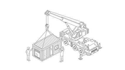 Fototapeta premium Isometric Line Art of Mobile Crane Lifting Modular Tiny House with Workers