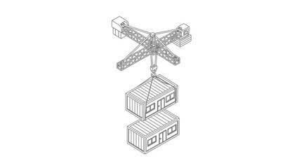 Obraz premium Isometric Crane Lifting Modular Container Home Line Art
