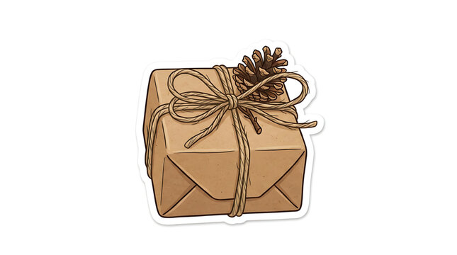 Rustic christmas gift box wrapped in brown paper with twine and pinecone