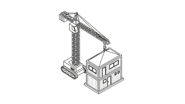 Isometric line art of a crane lifting a modular prefab house unit