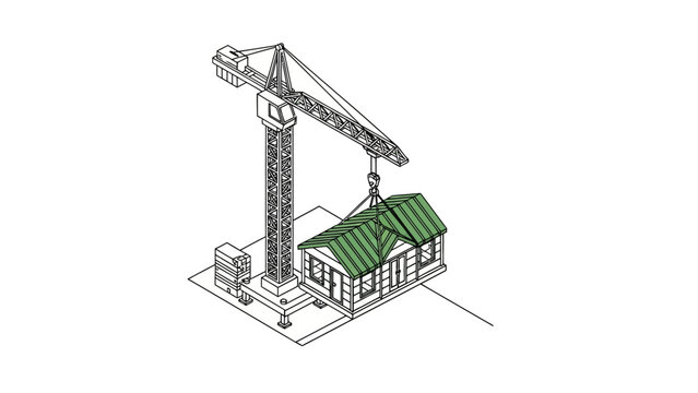 Isometric line art of tower crane lifting modular prefab house cabin construction concept