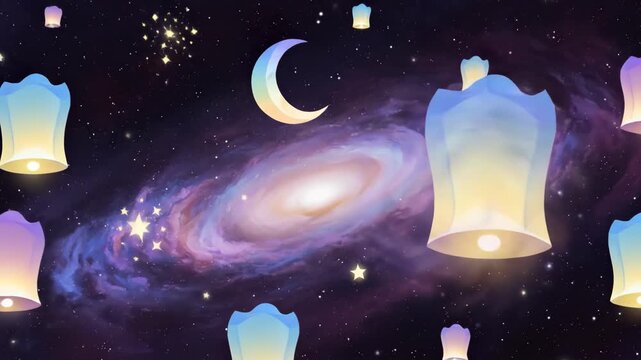 Magical Night Sky with Crescent Moon and Floating Lanterns.