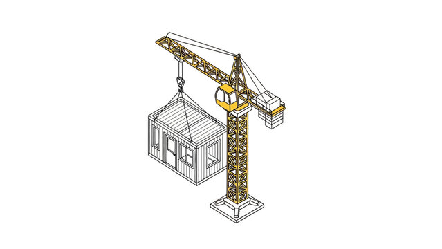 Isometric yellow crane lifting modular house unit. Illustration of prefab construction and modern building technology on white background.